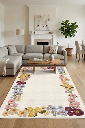 Floral Çerçeve Desen Baskılı Kaymaz Yıkanabilir Salon Oturma Odası Mutfak Balkon Halısı Yolluk