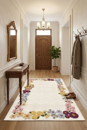 Floral Çerçeve Desen Baskılı Kaymaz Yıkanabilir Salon Oturma Odası Mutfak Balkon Halısı Yolluk