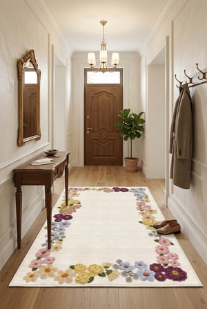 Floral Çerçeve Desen Baskılı Kaymaz Yıkanabilir Salon Oturma Odası Mutfak Balkon Halısı Yolluk