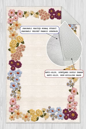Floral Çerçeve Desen Baskılı Kaymaz Yıkanabilir Salon Oturma Odası Mutfak Balkon Halısı Yolluk