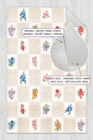 Floral Kilim Desen Baskılı Kaymaz Yıkanabilir Salon Oturma Odası Mutfak Balkon Halısı Yolluk