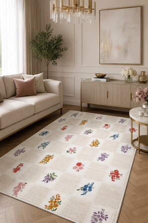 Floral Kilim Desen Baskılı Kaymaz Yıkanabilir Salon Oturma Odası Mutfak Balkon Halısı Yolluk
