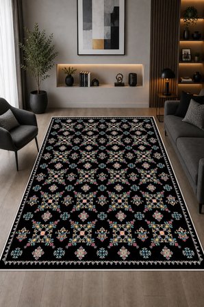 Etnik Çiçek Desenli Baskılı Kaymaz Yıkanabilir Salon Oturma Odası Mutfak Balkon Halısı Yolluk