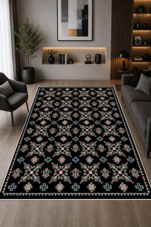 Etnik Çiçek Desenli Baskılı Kaymaz Yıkanabilir Salon Oturma Odası Mutfak Balkon Halısı Yolluk