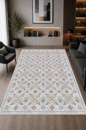 Etnik Çiçek Desenli Baskılı Kaymaz Yıkanabilir Salon Oturma Odası Mutfak Balkon Halısı Yolluk