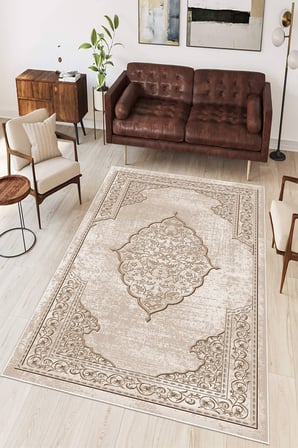 Göbekli Klasik Desen Baskılı Kaymaz Yıkanabilir Salon Oturma Odası Mutfak Halısı Yolluk