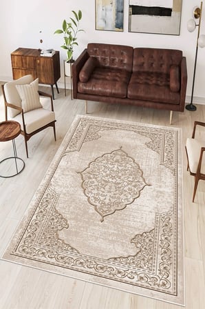 Göbekli Klasik Desen Baskılı Kaymaz Yıkanabilir Salon Oturma Odası Mutfak Halısı Yolluk