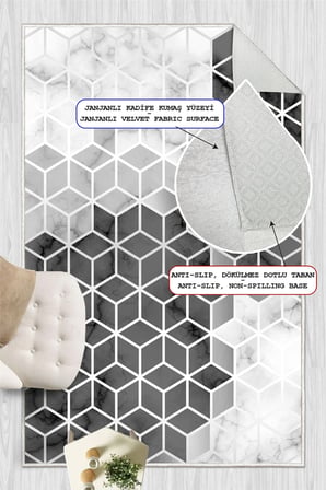 Gri Geometrik Desen Baskılı Kaymaz Yıkanabilir Salon Oturma Odası Mutfak Antre Halısı Yolluk