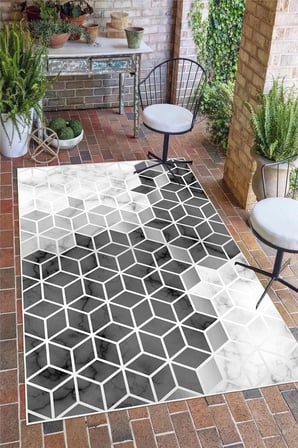 Gri Geometrik Desen Baskılı Kaymaz Yıkanabilir Salon Oturma Odası Mutfak Antre Halısı Yolluk