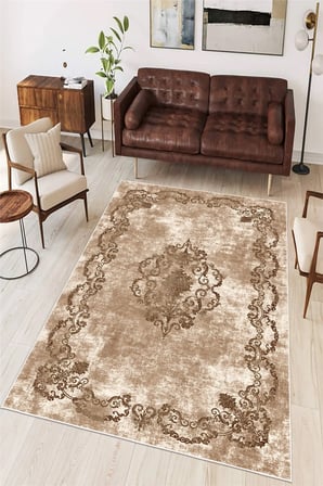 Klasik Çerçeveli Göbekli Baskılı Kaymaz Yıkanabilir Salon Oturma Odası Antre Halısı Yolluk