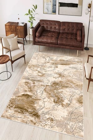 Bej Soyut Desen Baskılı Kaymaz Yıkanabilir Salon Oturma Odası Mutfak Balkon Halısı Yolluk