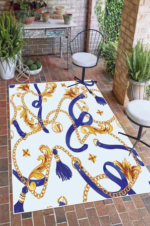Barok Stil Zincir Desenli Lacivert Gold Dijital Baskılı Yıkanabilir Kaymaz Taban Salon Halısı Yolluk