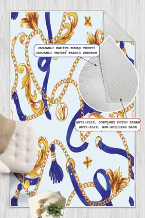 Barok Stil Zincir Desenli Lacivert Gold Dijital Baskılı Yıkanabilir Kaymaz Taban Salon Halısı Yolluk