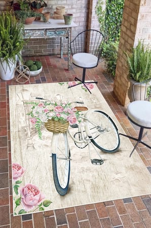 Romantik Vintage Bisiklet ve Gül Desen Dijital Baskılı Yıkanabilir Kaymaz Taban Salon Halısı Yolluk