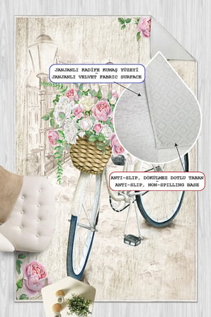 Romantik Vintage Bisiklet ve Gül Desen Dijital Baskılı Yıkanabilir Kaymaz Taban Salon Halısı Yolluk