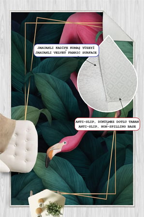 Flamingo Desenli Baskılı Kaymaz Yıkanabilir Salon Oturma Odası Mutfak Balkon Halısı Yolluk