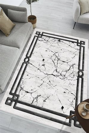 Mermer Desenli Çerçeveli Baskılı Kaymaz Yıkanabilir Salon Oturma Odası Antre Mutfak Halısı Yolluk