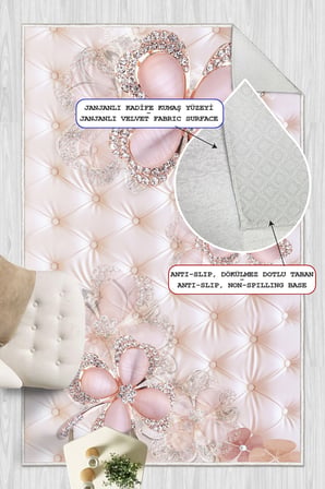 3D Kapitone Görünümlü Mücevher Çiçekli Dijital Baskılı Yıkanabilir Kaymaz Taban Salon Halısı Yolluk