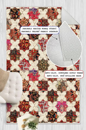 Etnik Otantik Patchwork Desenli Renkli Dijital Baskılı Yıkanabilir Kaymaz Taban Salon Halısı Yolluk
