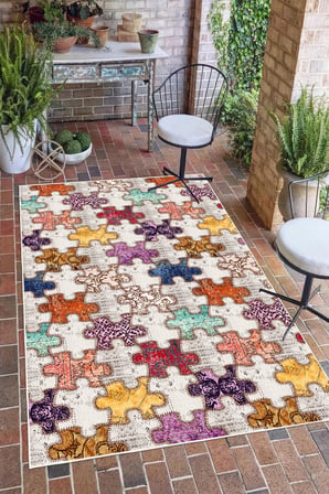 Modern Puzzle Patchwork Tasarımlı Dijital Baskılı Yıkanabilir Kaymaz Taban Salon Halısı Yolluk