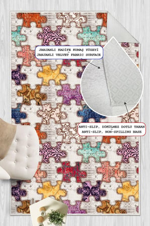 Modern Puzzle Patchwork Tasarımlı Dijital Baskılı Yıkanabilir Kaymaz Taban Salon Halısı Yolluk