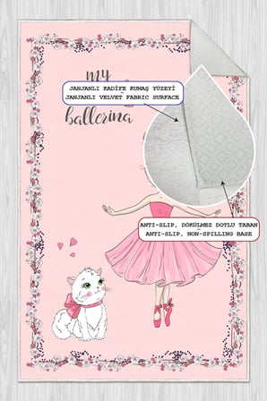 Pembe Balerin Desenli Baskılı Yıkanabilir Kaymaz Kız Çocuk Odası Anaokulu Kreş Halısı