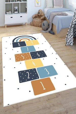 Renkli Seksek Desenli Baskılı Yıkanabilir Kaymaz Çocuk odası Anaokulu Kreş Halısı Oyun Halısı