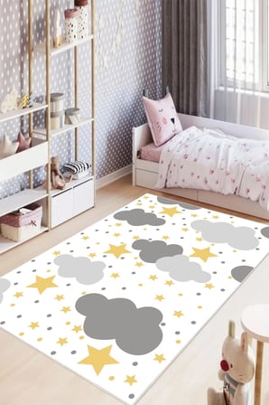 Gri Bulut Desenli Baskılı Yıkanabilir Kaymaz Çocuk Odası Anaokulu Kreş Halısı