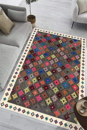 Renkli Kilim Desenli Dijital Baskılı Yıkanabilir Kaymaz Salon Oturma Odası Halısı Yolluk