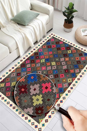 Renkli Kilim Desenli Dijital Baskılı Yıkanabilir Kaymaz Salon Oturma Odası Halısı Yolluk