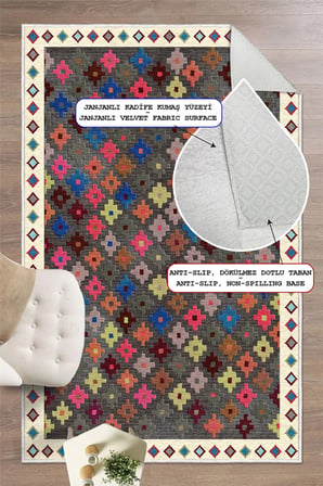 Renkli Kilim Desenli Dijital Baskılı Yıkanabilir Kaymaz Salon Oturma Odası Halısı Yolluk