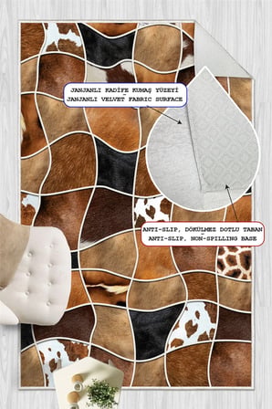 Deri Patchwork Desenli Baskılı Kaymaz Yıkanabilir Salon Oturma Odası Mutfak Antre Halısı Yolluk