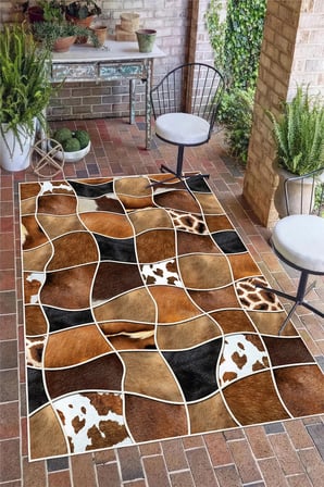 Deri Patchwork Desenli Baskılı Kaymaz Yıkanabilir Salon Oturma Odası Mutfak Antre Halısı Yolluk