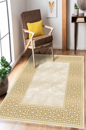 Gold Çerçeve Desenli Baskılı Kaymaz Yıkanabilir Salon Oturma Odası Antre Halısı Yolluk
