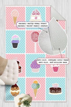 Cupcake Dondurma Desenli Baskılı Kaymaz Yıkanabilir Mutfak Halısı Yolluk