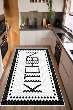 Siyah Beyaz Kitchen Yazılı Dijital Baskılı Kaymaz Yıkanabilir Mutfak Halısı Yolluk