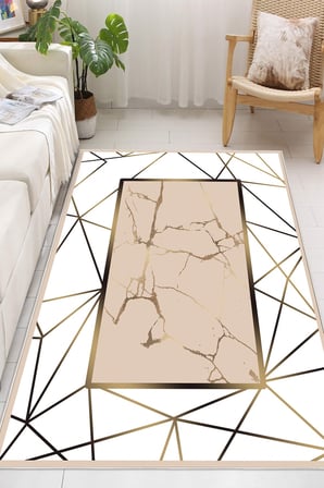 Geometrik Çizgili Gold Mermer Desenli Dijital Baskılı Yıkanabilir Kaymaz Taban Salon Halısı Yolluk