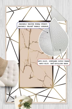 Geometrik Çizgili Gold Mermer Desenli Dijital Baskılı Yıkanabilir Kaymaz Taban Salon Halısı Yolluk