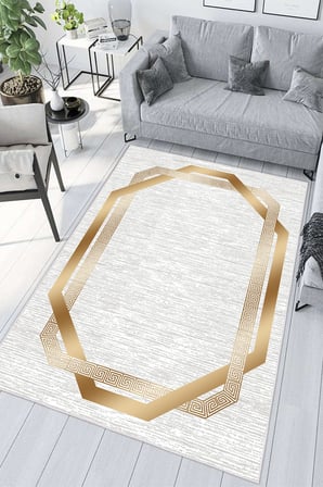 Gold Çerçeveli Modern Gri Zemin Desenli Dijital Baskılı Yıkanabilir Kaymaz Taban Salon Halısı Yolluk