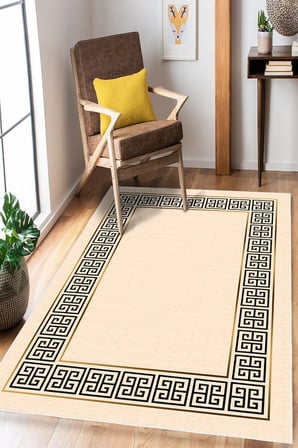 Modern İskandinav Çerçeveli Krem Dijital Baskılı Yıkanabilir Kaymaz Taban Salon Halısı Yolluk