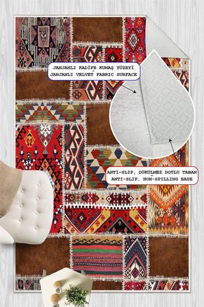 Patchwork Kilim Desenli Baskılı Kaymaz Yıkanabilir Salon Oturma Odası Mutfak Antre Halısı Yolluk