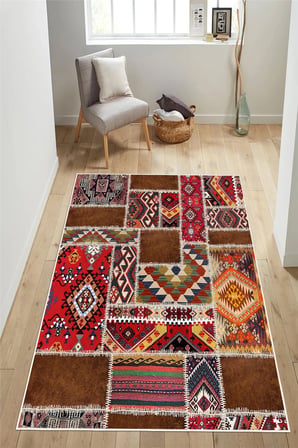 Patchwork Kilim Desenli Baskılı Kaymaz Yıkanabilir Salon Oturma Odası Mutfak Antre Halısı Yolluk