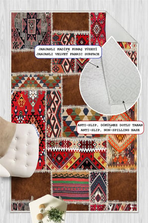Patchwork Kilim Desenli Baskılı Kaymaz Yıkanabilir Salon Oturma Odası Mutfak Antre Halısı Yolluk