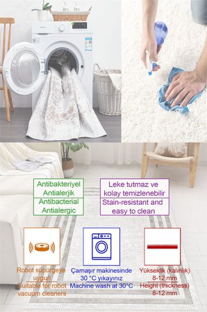 Modern Desenli Bej Baskılı Kaymaz Yıkanabilir Salon Oturma Odası Mutfak Antre Halısı Yolluk
