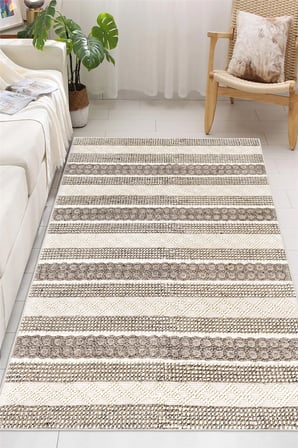 Modern Kilim Desenli Bej Baskılı Kaymaz Yıkanabilir Salon Oturma Odası Mutfak Antre Halısı Yolluk