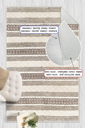 Modern Kilim Desenli Bej Baskılı Kaymaz Yıkanabilir Salon Oturma Odası Mutfak Antre Halısı Yolluk