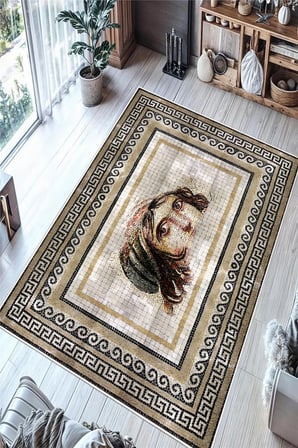 Antik Roma Figürlü Mozaik Desenli Baskılı Kaymaz Yıkanabilir Halı Salon Oturma Odası Halısı Yolluk