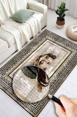 Antik Roma Figürlü Mozaik Desenli Baskılı Kaymaz Yıkanabilir Halı Salon Oturma Odası Halısı Yolluk