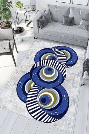 Modern Soyut Nazar Boncuğu Desenli Mavi Gold Dijital Baskılı Kaymaz Taban Salon Halısı Yolluk