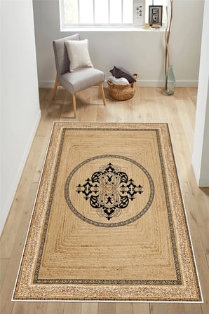 Jüt Görünümlü Modern Desen Baskılı Kaymaz Yıkanabilir Salon Oturma Odası Mutfak Antre Halısı Yolluk